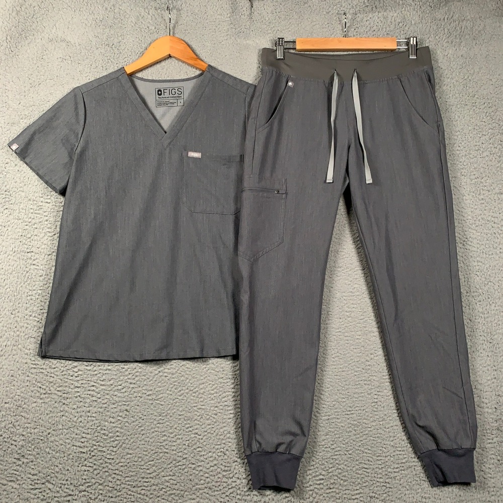 FIGS Scrub Set Catarina Top & Zamora Jogger Womens Small S Gray V-Neck Technical